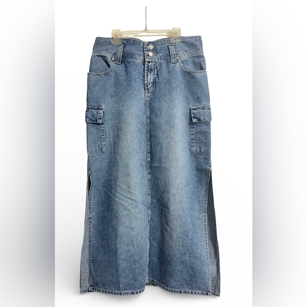 VTG Y2K Denim Maxi Skirt Side Slits Cargo Style Med Wash Grunge 9 Juniors